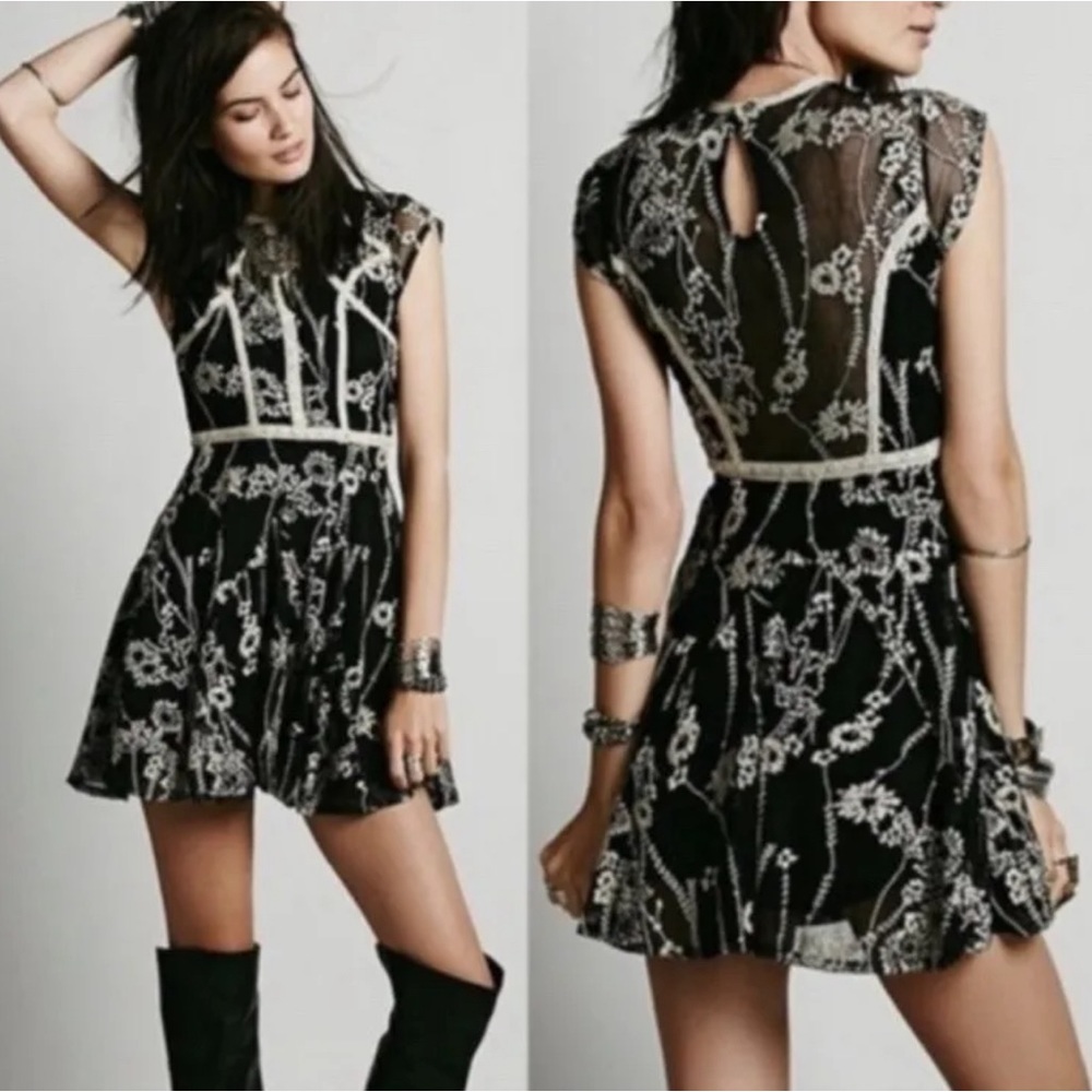 Free People Laurel Embroidered Dress Black LaceTulle Mini Size 4